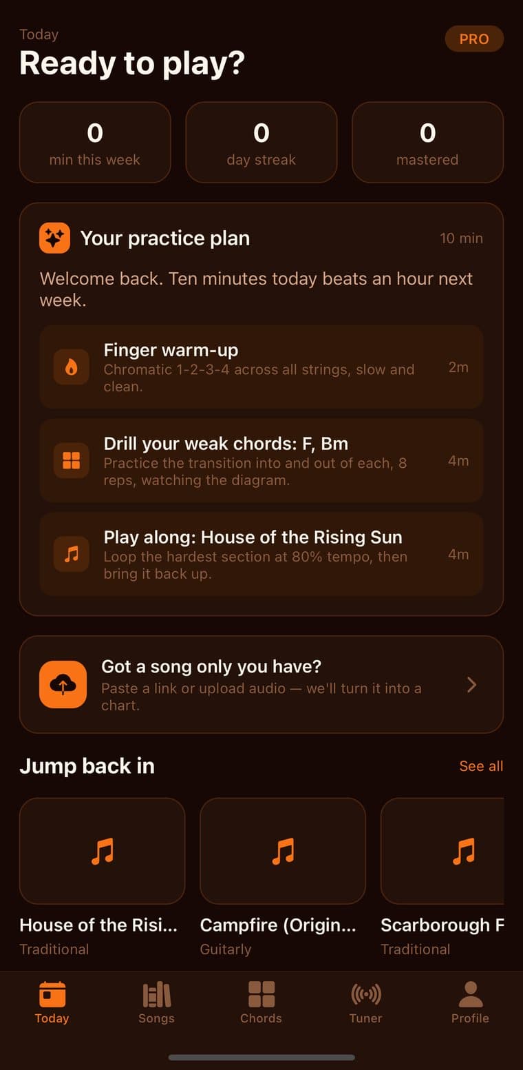 Guitarly daily practice plan with warm-up, chord drill and play-along