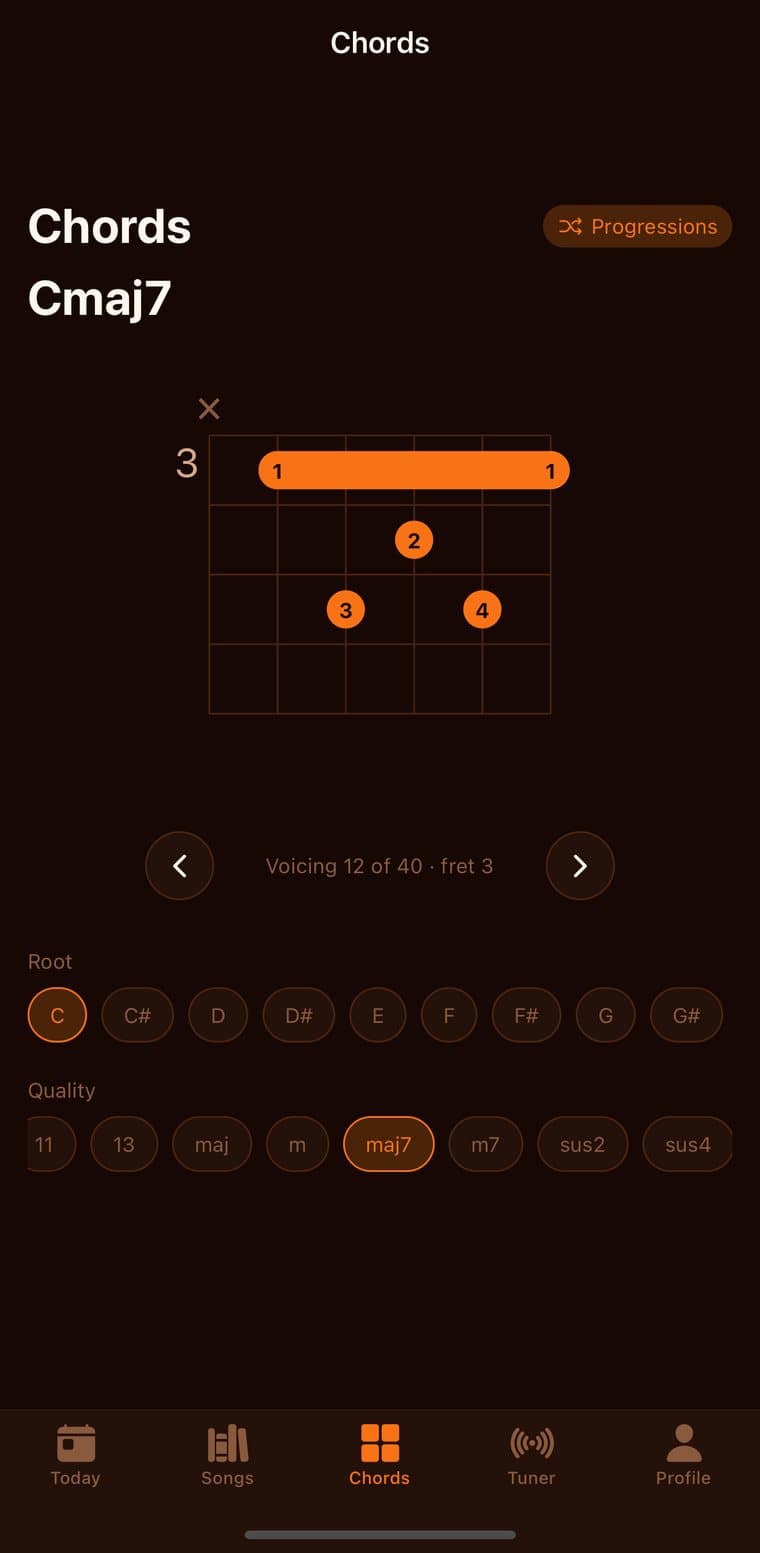 Guitarly chord library showing a Cmaj7 diagram, voicing 12 of 40, with root and quality pickers
