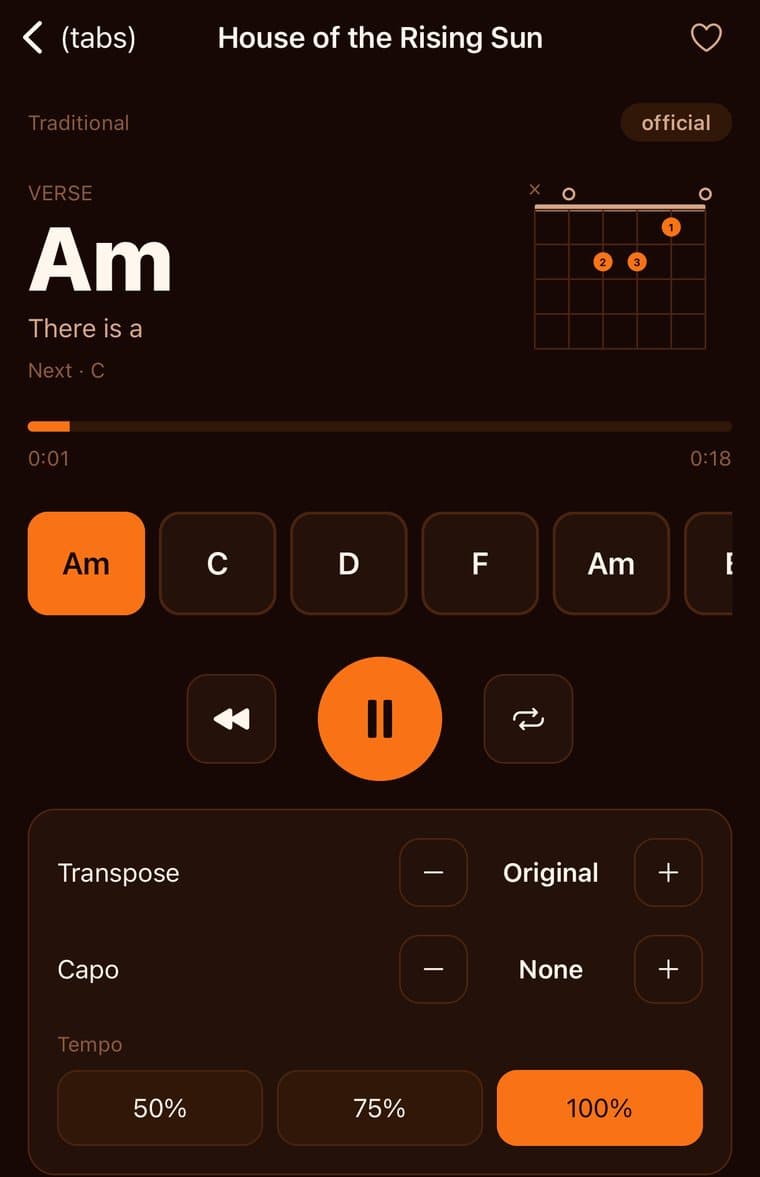 Guitarly play-along view for House of the Rising Sun with chord timeline, transpose, capo and tempo controls