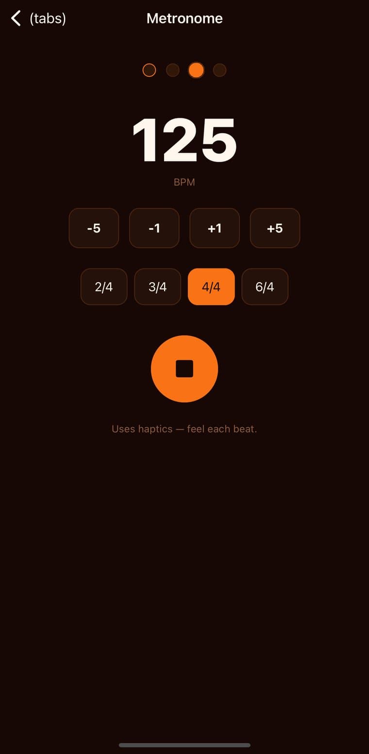 Guitarly metronome at 125 BPM with time signature options and haptic beat